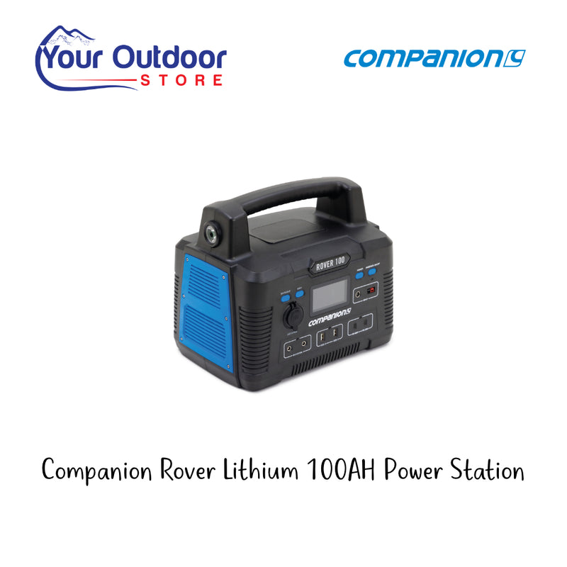 Companion Rover Lithium 100AH Power Station. Hero image with title and logos