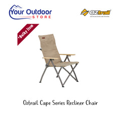 Oztrail Cape Series Recliner Chair. Hero image with title and logos.