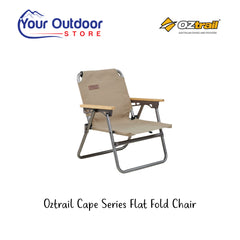 Oztrail Cape Series Flat Fold Chair. Hero image with title and logos