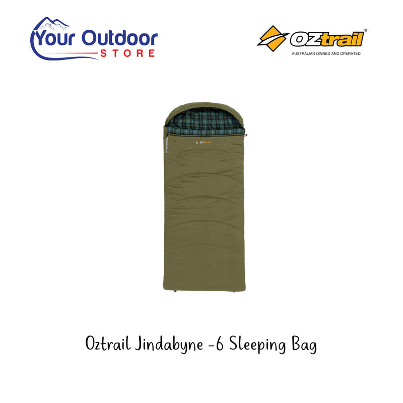 Oztrail Jindabyne -6 Sleeping Bag. Hero Image Showing Logos and Title. 