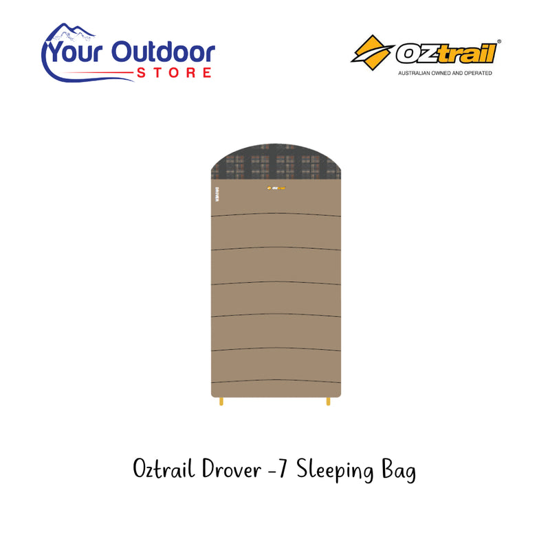 Oztrail Drover -7 Sleeping Bag. Computer Generated Image. Hero Image Showing logos and Title. 