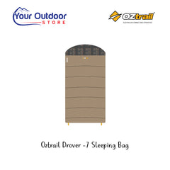 Oztrail Drover -7 Sleeping Bag. Computer Generated Image. Hero Image Showing logos and Title. 