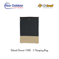 Oztrail Drover 1500 -5 Sleeping Bag. Hero Image Showing Logos and Title. 