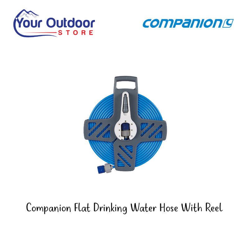 Companion Flat Drinking Water Hose With Reel. Hero Image With Logos and Title. 