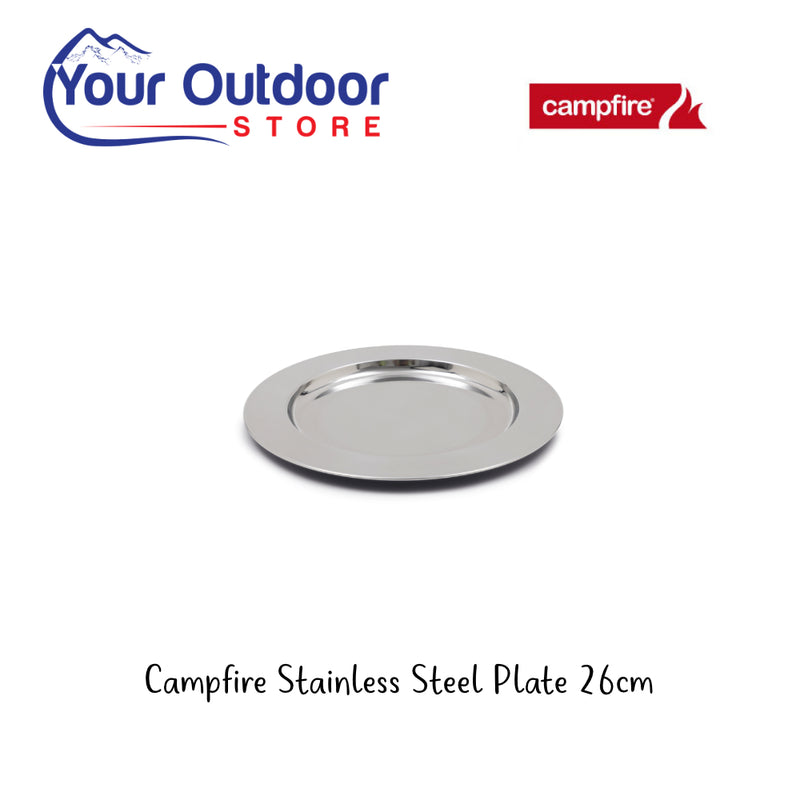 Campfire Stainless Steel Plate - 26cm. Hero Image Showing Logos and Title. 