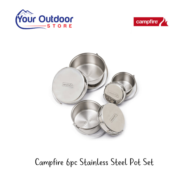 Campfire Stainless Steel 6 Piece Pot Set. Hero image with title and logos