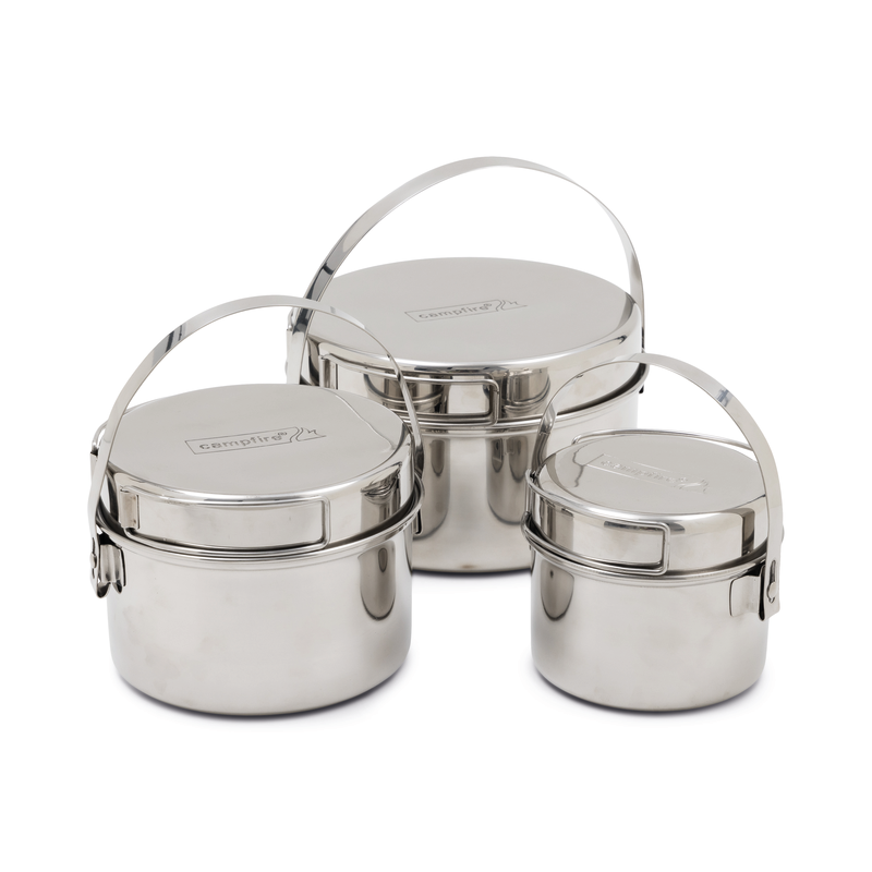 Stainless Steel | 3 Pots with lids on and handles up