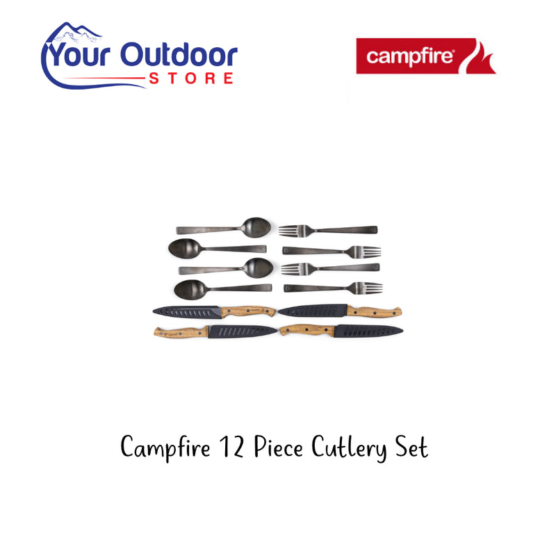 Campfire 12 Piece Cutlery Set. Hero Image Showing Logos and Title. 