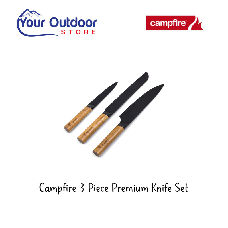 Campfire 3 Piece Premium Knife Set. Hero Image Showing Logos and Title. 