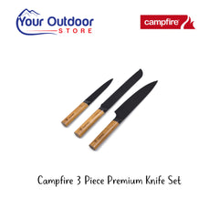 Campfire 3 Piece Premium Knife Set. Hero Image Showing Logos and Title. 