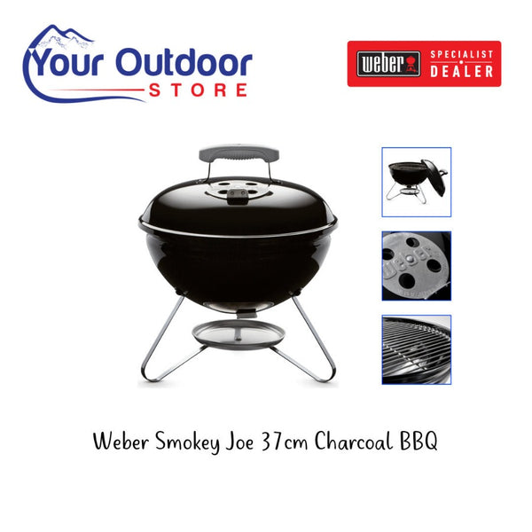Black | Weber Smokey Joe 37cm Charcoal BBQ. Hero image with title and logos