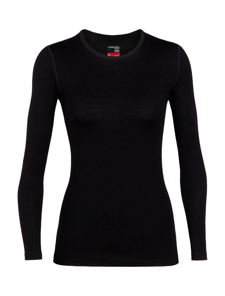 Black | Icebreaker Womens 260 Tech Long Sleeve Crewe. Front | Thermal Wear