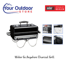 Black | Weber Go Anywhere Charcoal Grill. Hero image with title and logos