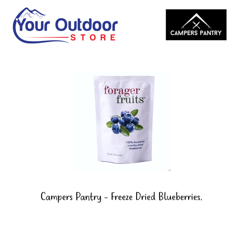 Campers Pantry - Freeze Dried Blueberries. Hero Image Showing Logos and Title. 