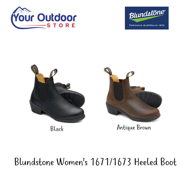 Blundstone 1671 / 1673 Womens Heeled Dress Boots. Hero image with title and logos