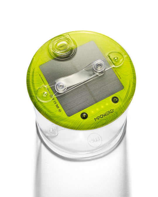 Top of inflated lantern showing controls, handle and solar panels