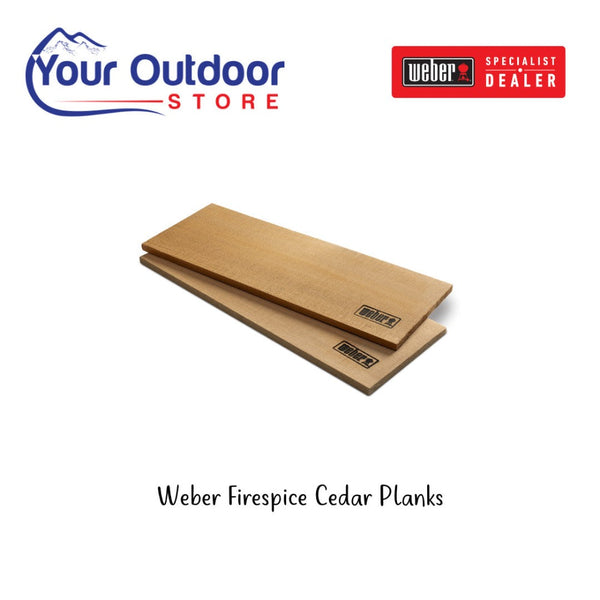 Weber Firespice Cedar Planks Hero image with title and logos