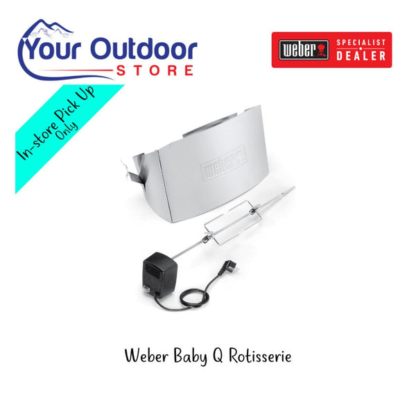 Weber Baby Q Rotisserie. Hero image with title and logos 