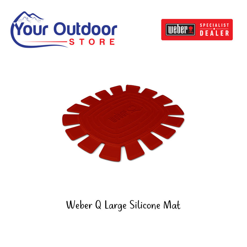 Weber Q Large Heatproof Silicone Mat. Hero image with logos and title