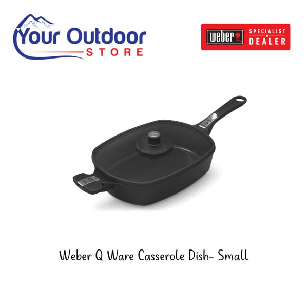 Black | Weber Q Ware Casserole Dish Small. Hero image with title and logos