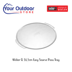Weber Q 36.5cm Easy Serve Pizza Tray. Hero image with title and logos