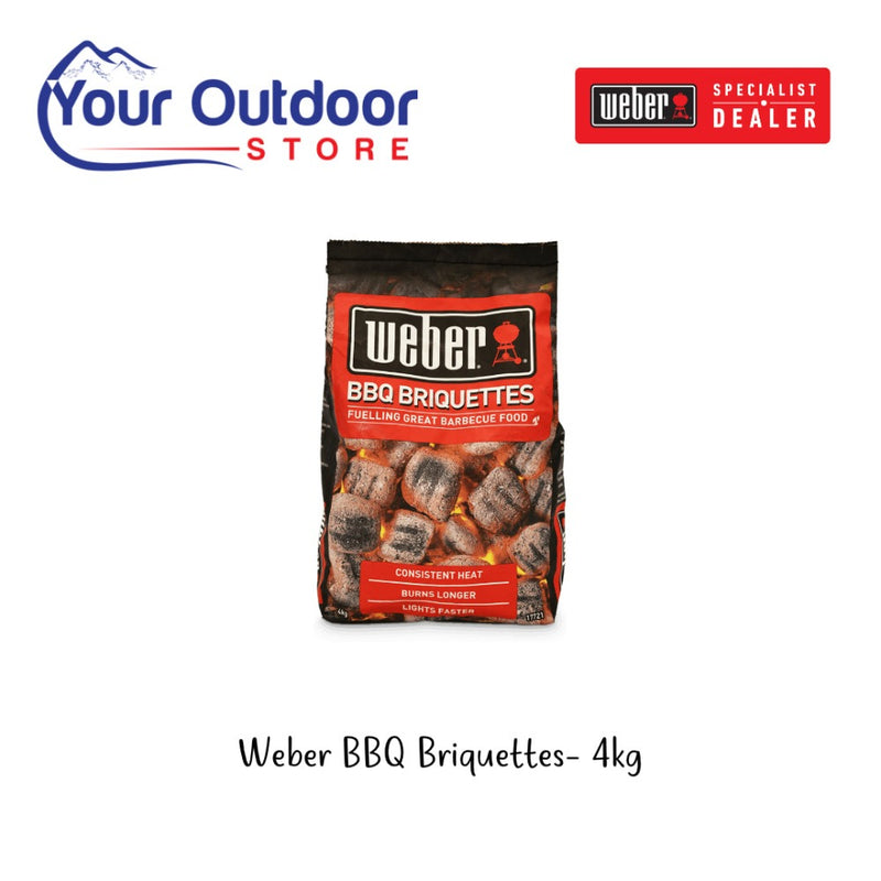 Black | Weber BBQ Briquettes 4kg. Hero Image with logos and title