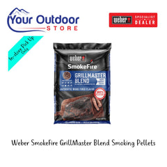 Weber Smoke Fire GrillMaster Blend Smoking Pellets. Hero image logos and title