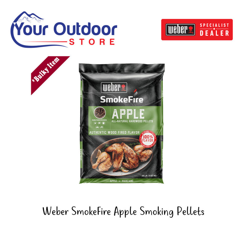 Weber SmokeFire Apple Smoking Pellets. Hero image with title and logos