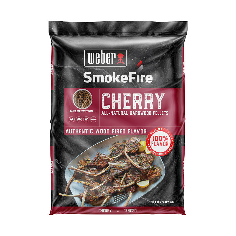Weber SmokeFire Cherry Pellets in packaging with image of lamb cutlets.