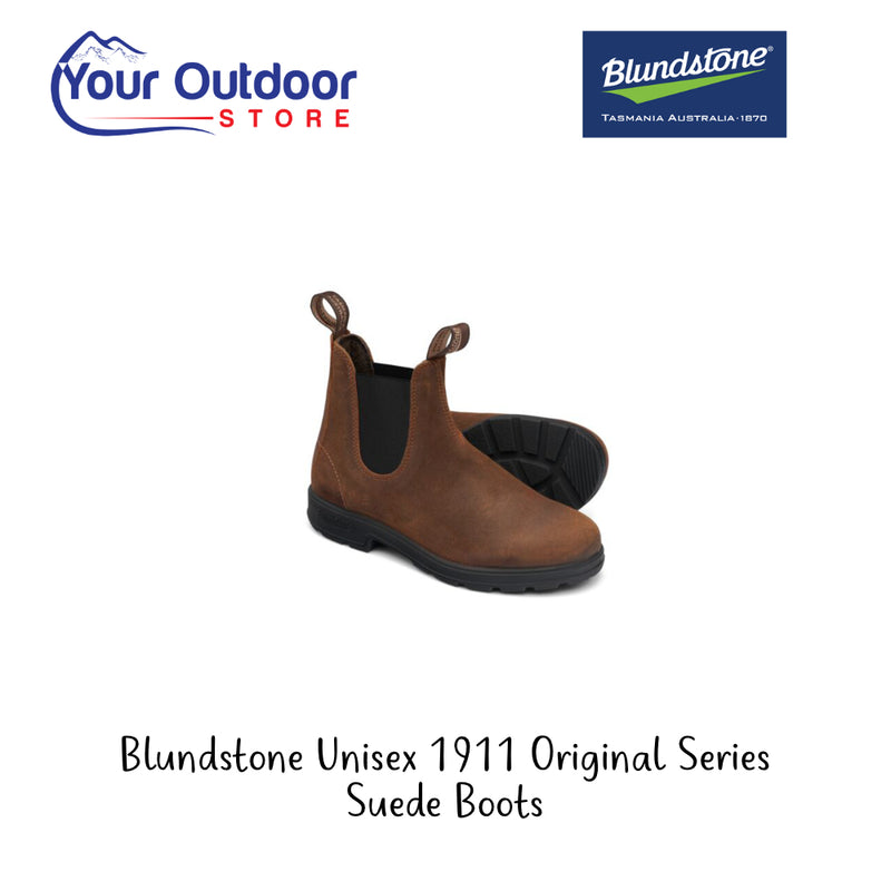 Blundstone 1911 Unisex Original Series Suede Boots. Hero image with title and logos