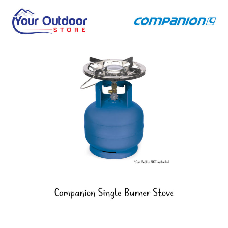 Companion Single Burner Stove. Hero Image with title and logos