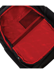 Jet Black True Red | Black Wolf Pearson Daypack. Organiser pocket showing lining colour. True Red with black mesh pockets