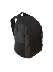 Jet Black True Red | Black Wolf Pearson Daypack. Angled side view showing side and shoulder straps