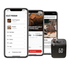 Weber Smart BBQ Hub with app screens showing recipies