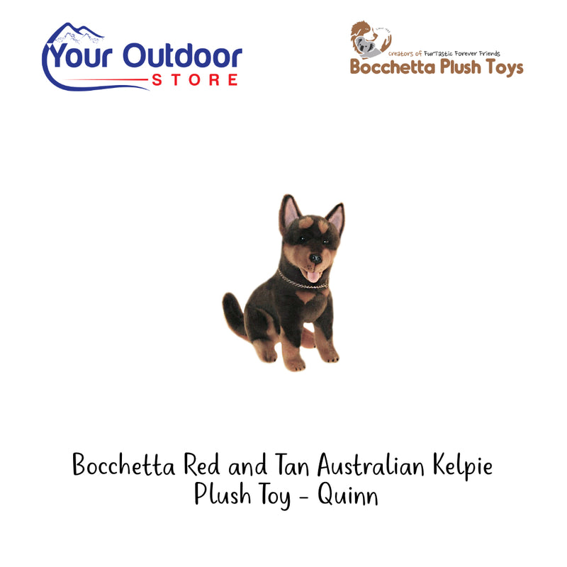 Bocchetta Red and Tan Australian Kelpie Plush Toy - Quinn. Hero Image Showing Logos and Title.