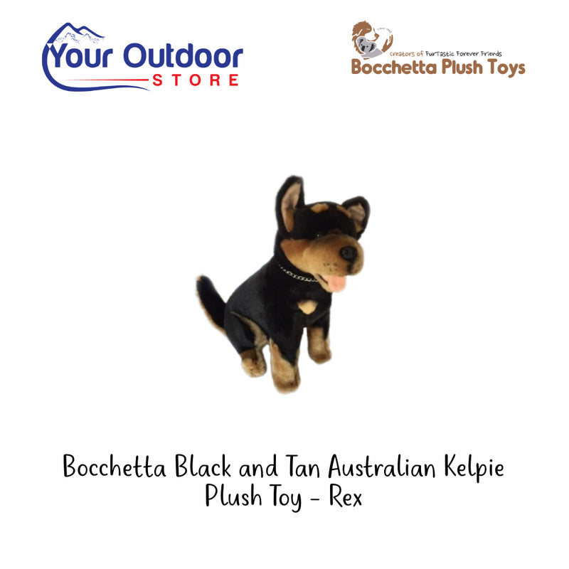 Bocchetta Black and Tan Australian Kelpie Plush Toy - Rex. Hero Image Showing Logos and Title.