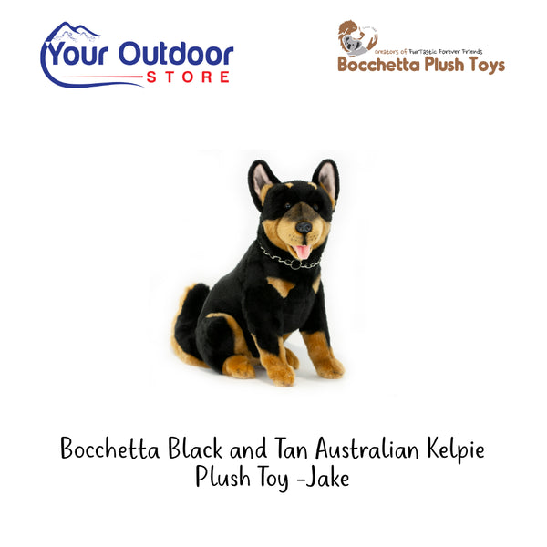 Bocchetta Black and Tan Australian Kelpie Plush Toy - Jake. Hero Image Showing Logos and Title.  