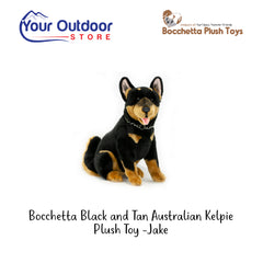Bocchetta Black and Tan Australian Kelpie Plush Toy - Jake. Hero Image Showing Logos and Title.  