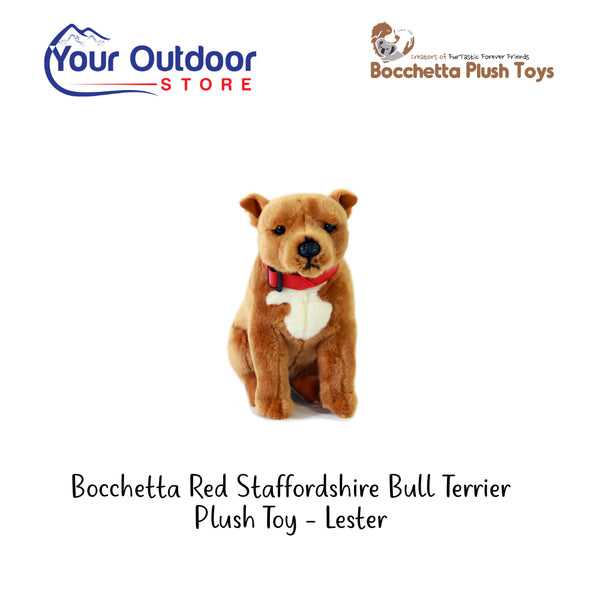 Bocchetta red Staffordshire Bull Terrier Plush Toy - Lester. Hero Image Showing Logos and Title. 