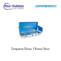 Companion Deluxe 3 Burner LP Gas Stove. Hero image with title and logos