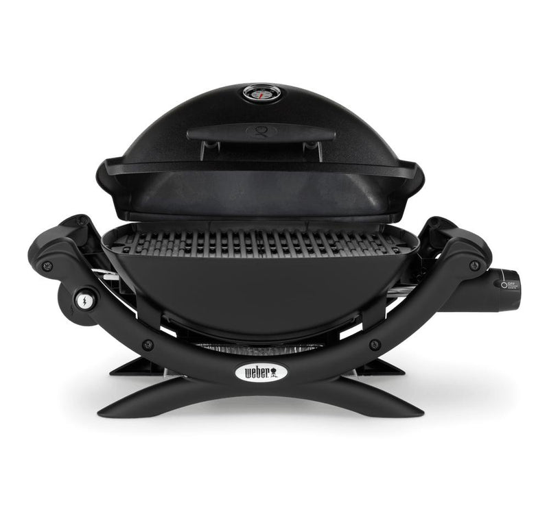 Black | Weber Baby Q 1200 Premium front angle with lid partially open