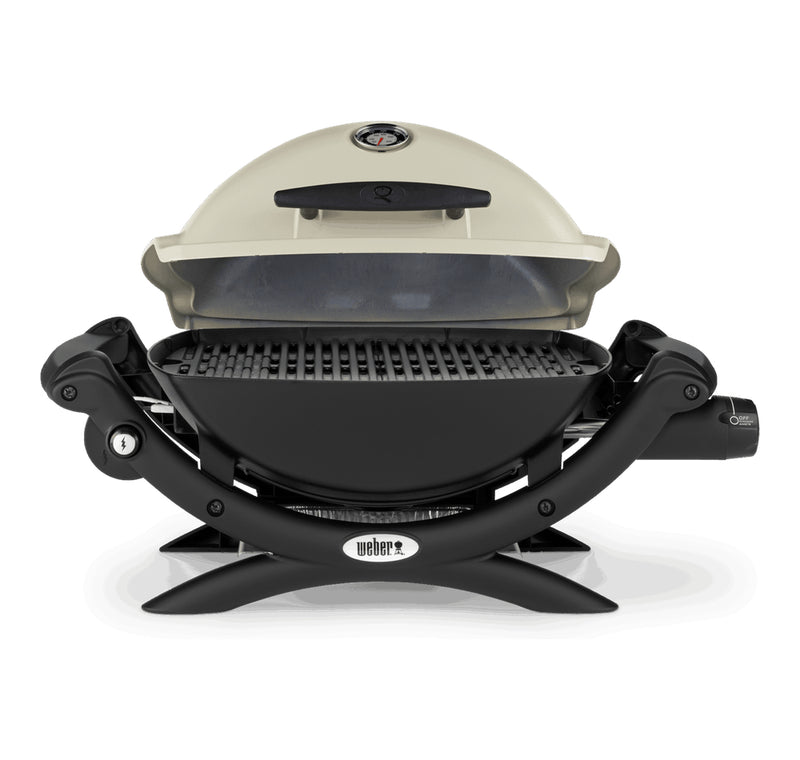 Titanium | Weber Baby Q 1200 Premium front angle with lid open slightly