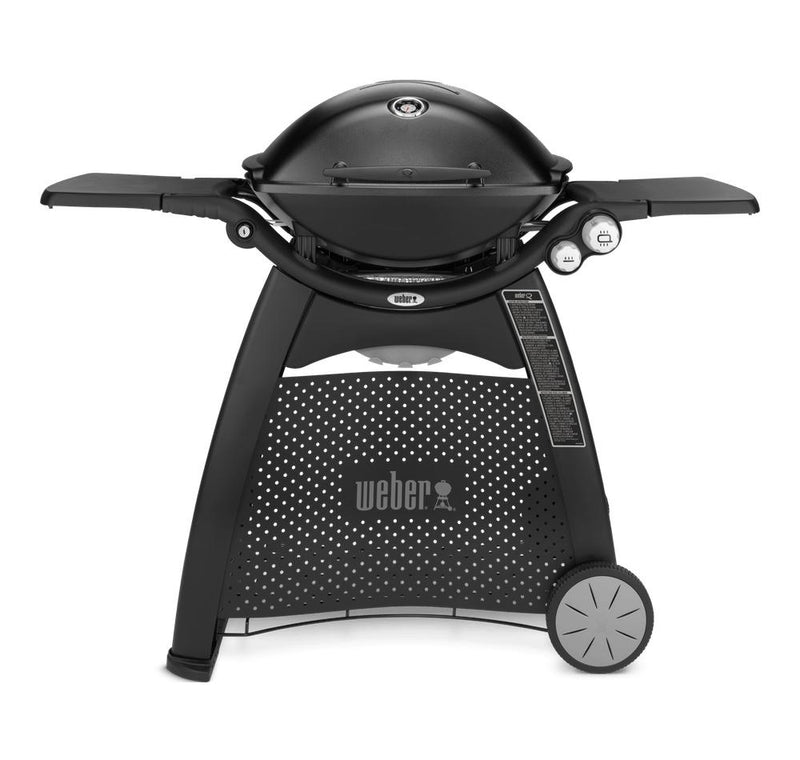 Black | Weber® Family Q Premium (Q3200) Gas Barbecue. Front View with Tables out