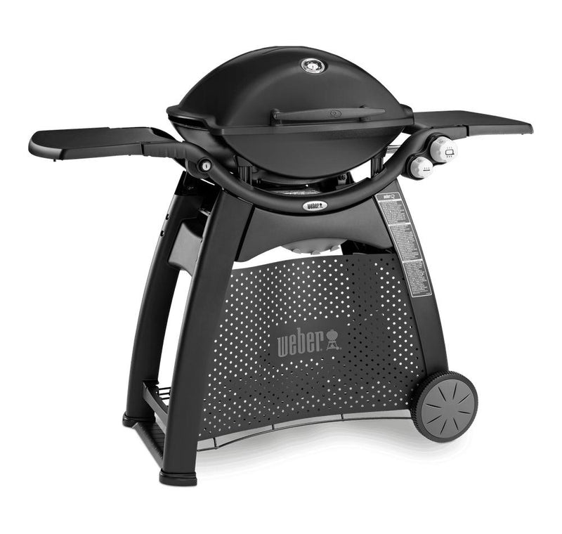 Black | Weber® Family Q Premium (Q3200) Gas Barbecue. Angled Front View with Tables out