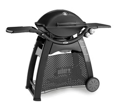 Black | Weber® Family Q Premium (Q3200) Gas Barbecue. Angled Front View with Tables out