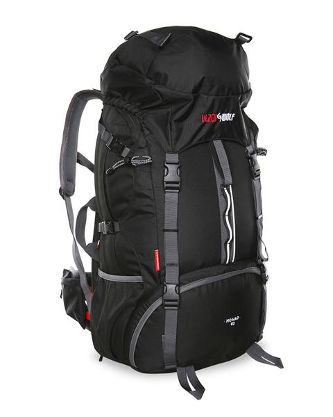 Black | Black Wolf Nomad 60 Hybrid Travel Pack Angled view of front to show straps as well as front and side