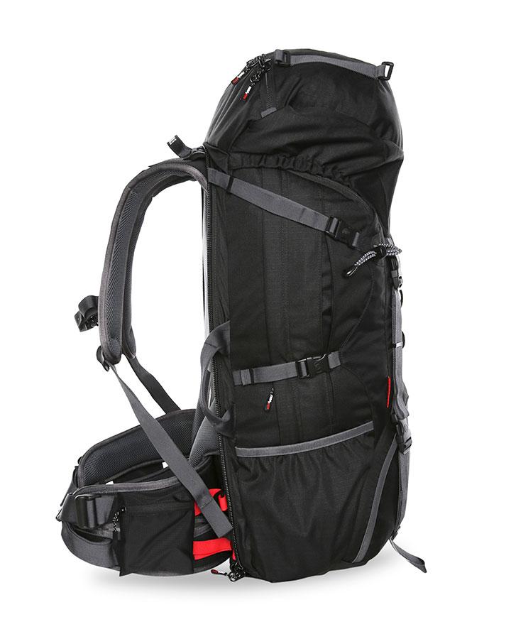 Titanium | Black Wolf Nomad 60 Hybrid Travel Pack Side View of Black Coloured Bag