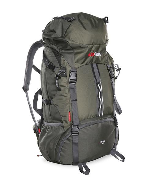 Titanium | Black Wolf Nomad 60 Hybrid Travel Pack Angled view of front to show straps as well as front and side