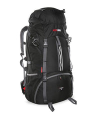 Black | Black Wolf Nomad 80 Hybrid Travel Pack Angled view of front to show straps as well as front and side