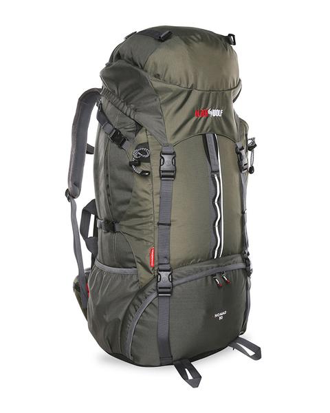 Titanium | Black Wolf Nomad 80 Hybrid Travel Pack Angled view of front to show straps as well as front and side